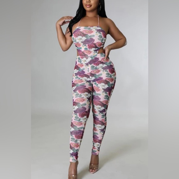 Falling Roses Mesh Jumpsuit - Picture 1 of 1